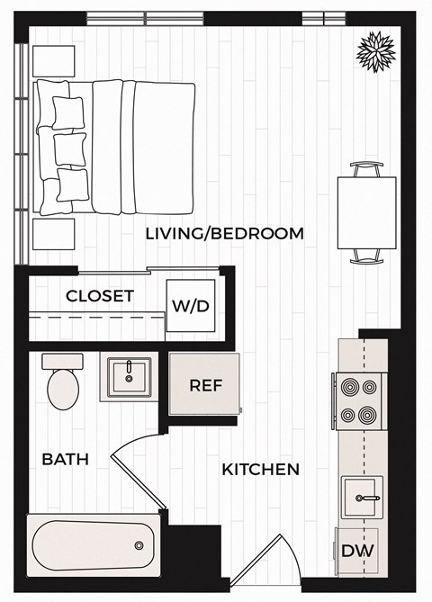 Floor plan for studio, 1 bath, 383 sqft